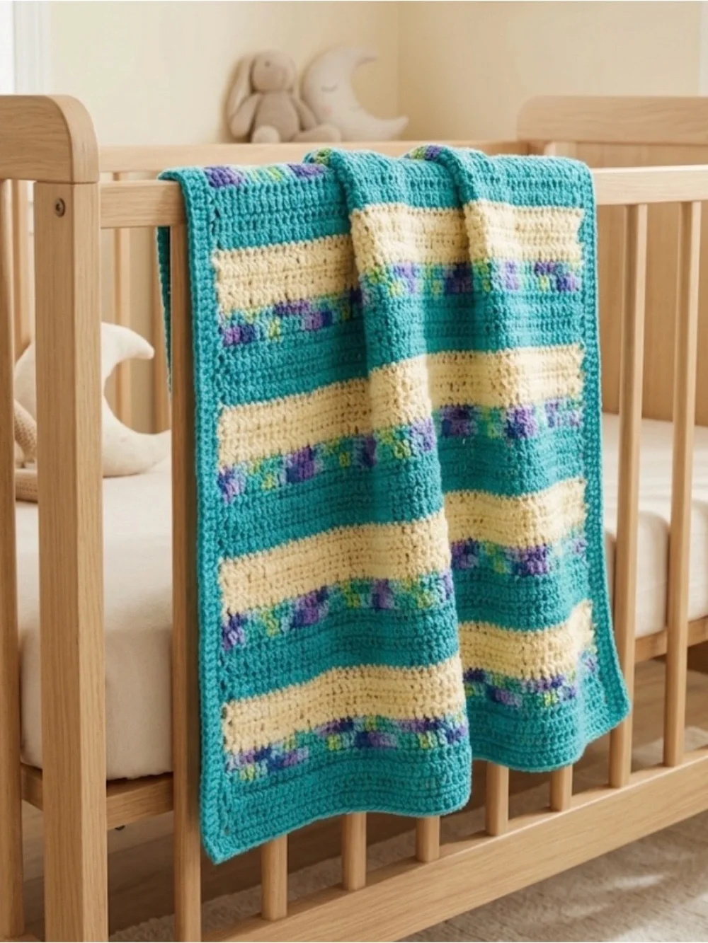 NWT Handmade Crochet Baby / Lap Blanket Blue Yellow Multi